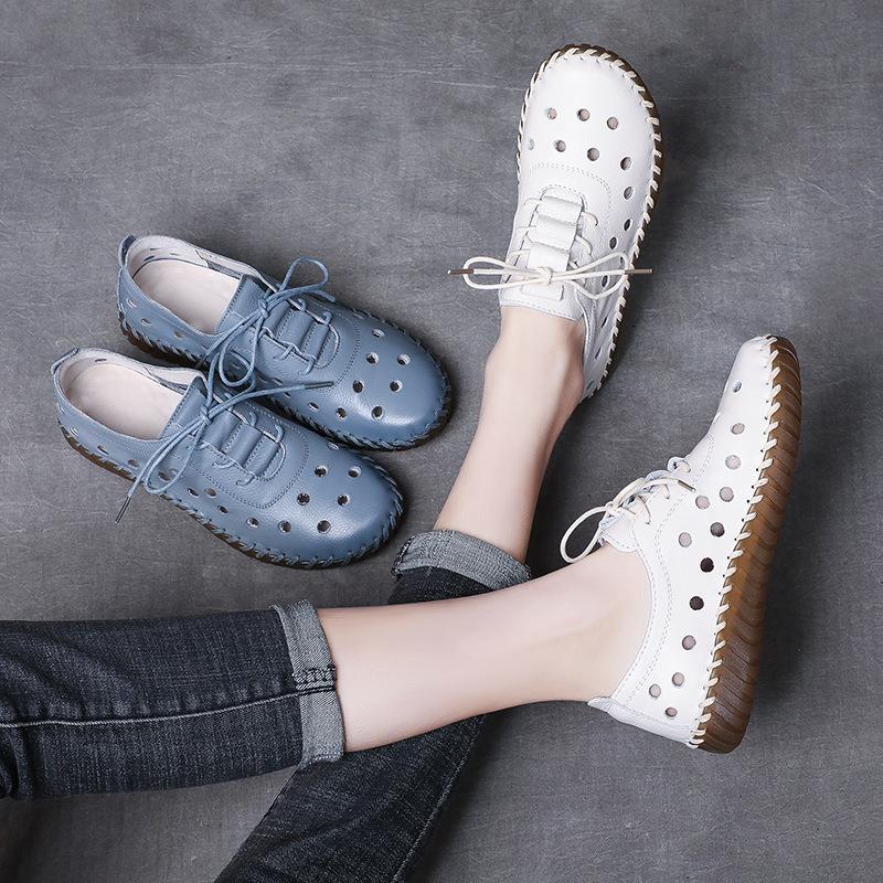 Fashion 2CM 2025 Summer Shoes Women Loafers Breathable Hollow Hole Genuine Cow Leather Flat Shoes Handmade Sewing Driving Loafers