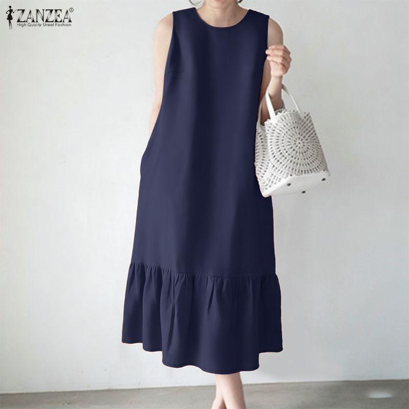 ZANZEA Women Casual Round Neck Summer Sleeveless Dress