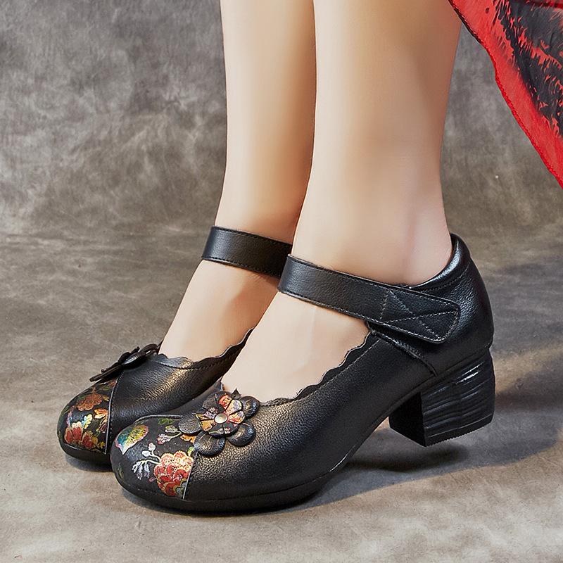 New Women's Shoes Spring and Autumn Thick Heel Soft Sole Cowhide Small Leather Shoes Mother Non-slip Wear-resistant Single Shoes Women