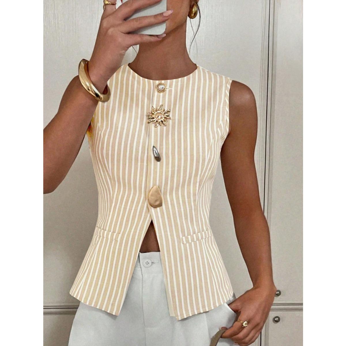 

New Women s Elegant Striped Round Neck Single-breasted Vest Coat Sleeveless Button Crop Top, European American Style Casual Outerwear S