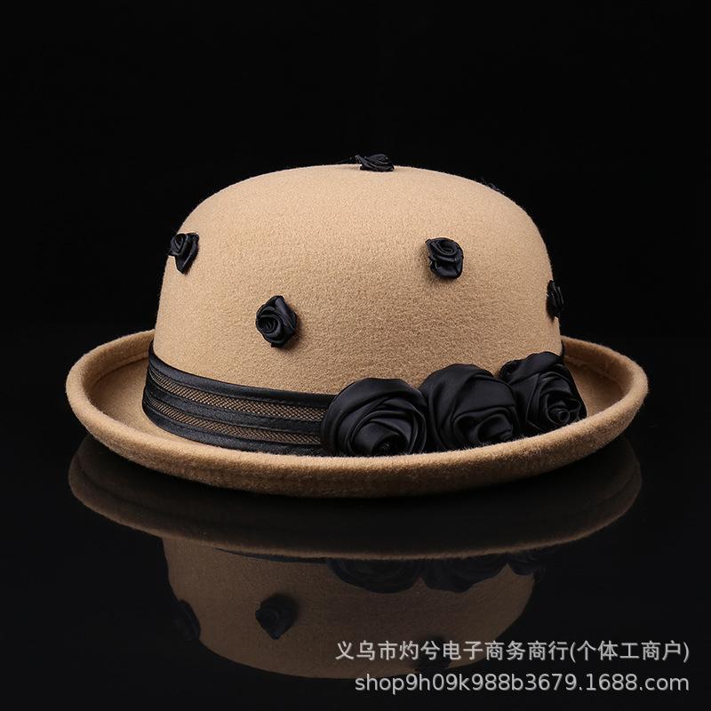 Dome crimped felt top hat rose decoration women's autumn and winter woolen warm basin hat short brim fashionable and versatile