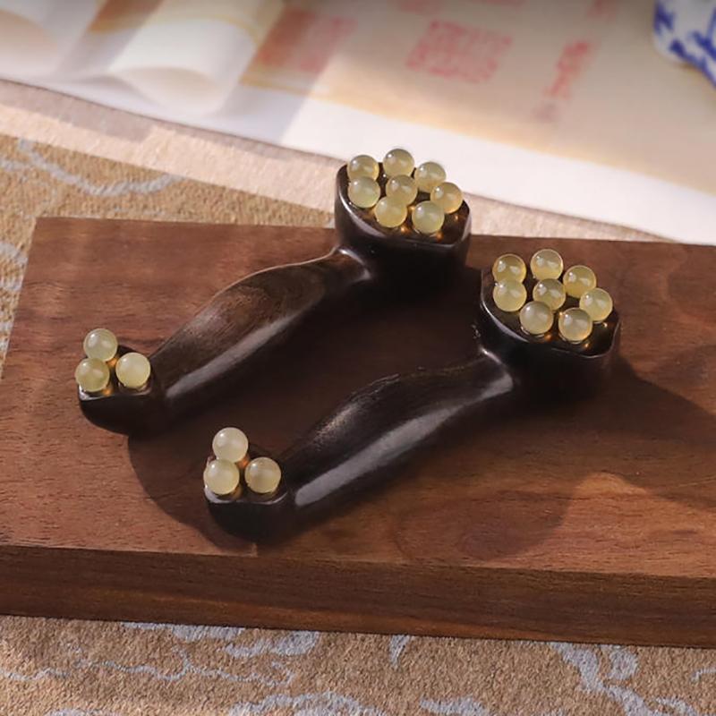 Double Ended Facial Fascia Lifting Tool With 11 Brass Gold Bead Sandalwood Cheek Eyes Beauty Massage Gua Sha Stick Point Relax