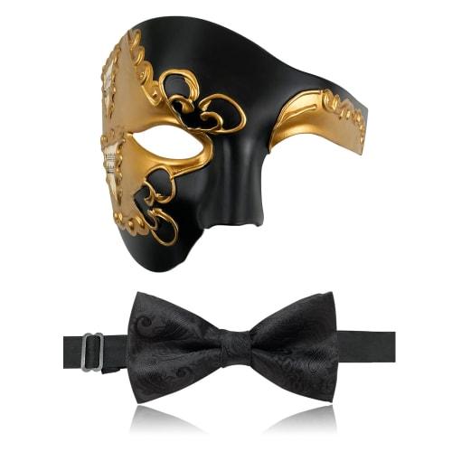 

FunMular Masquerade Mask, Phantom of the Opera Half Face Venetian Mask with Bow Tie for Halloween Party (Black and Gold 2)