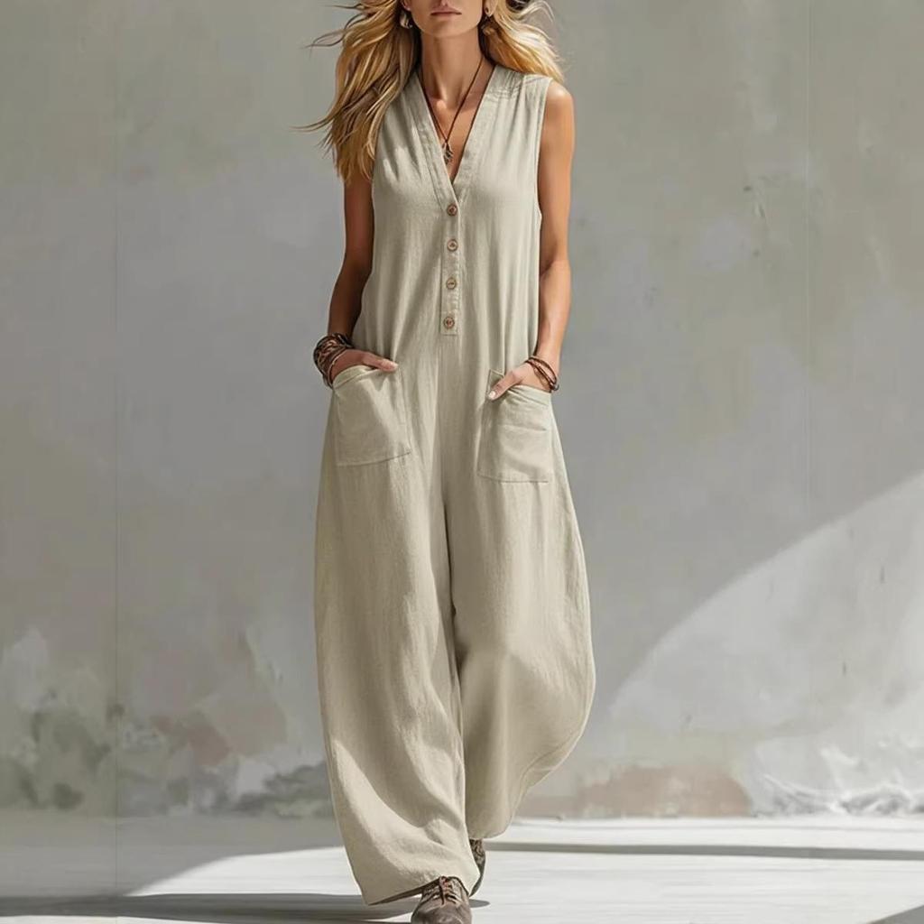 Sleeveless V-Neck Buttoned Linen Cotton Jumpsuit with Double Pockets for Casual Summer Holidays