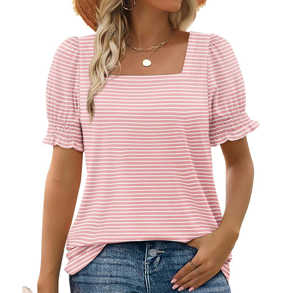Women's Fashion Square Neck T-Shirt With Petal Sleeves, Short-Sleeved Striped Top