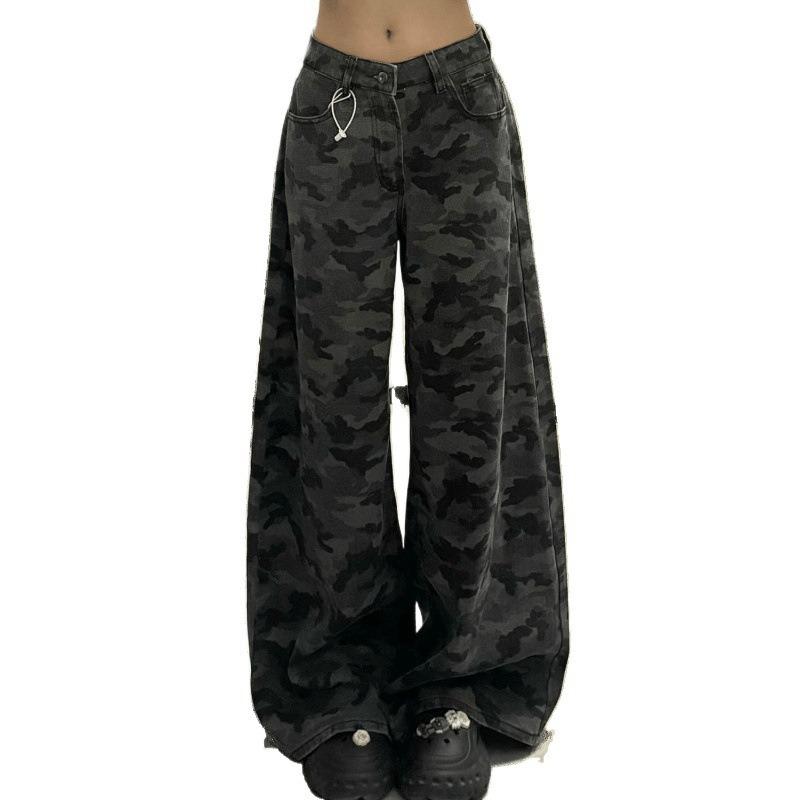 American Camouflage Jeans Women's High Waist Loose Straight Tooling Wide Leg Pants Tide Spring New