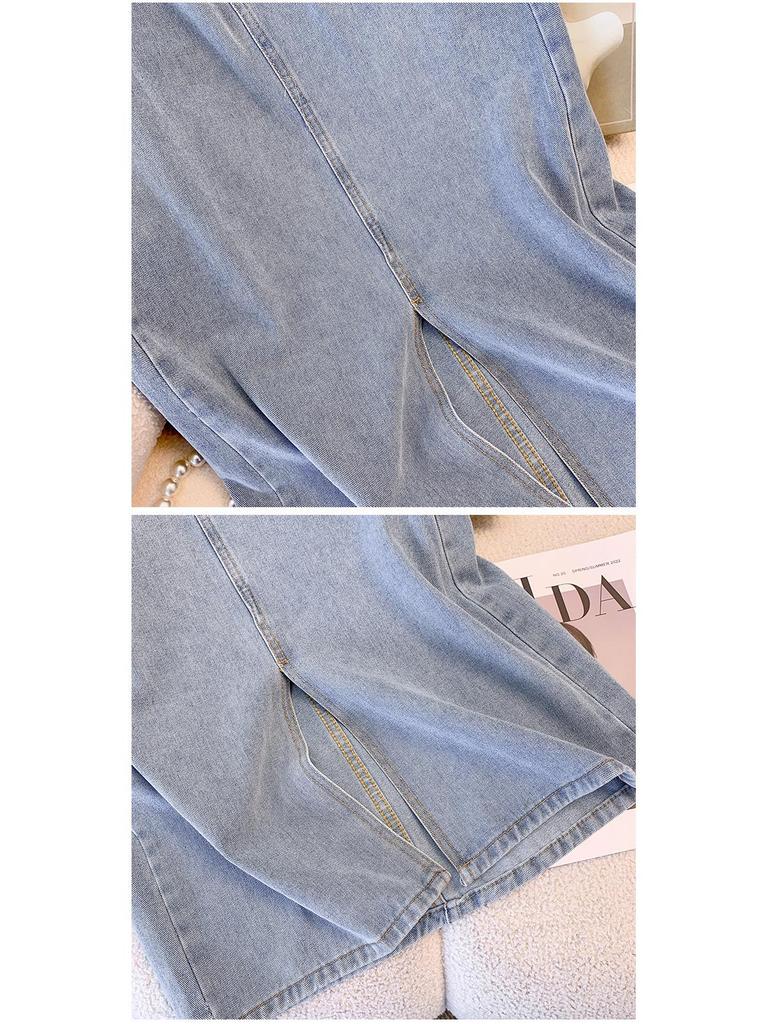 2024 Summer High-Waist Retro Denim Midi Skirt with Slit
