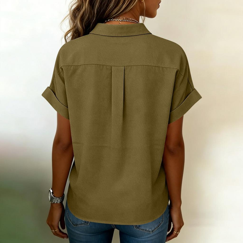 Women's -color Short-sleeved Button-down Collared Blouse
