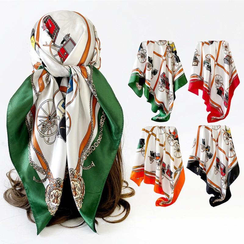 French carriage silk scarf women's satin printed scarf 91cm square scarf sunscreen headscarf imitation silk accessories shawl