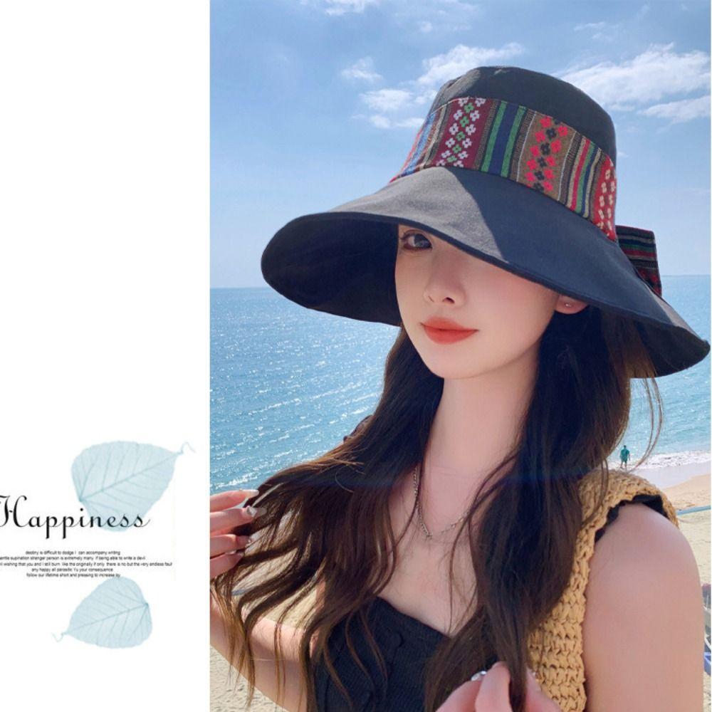 Ethnic Style Bowknot Fishmen Hat Solid Color Wide Brim Bucket Cap Simple Women's Sun Hat  Women