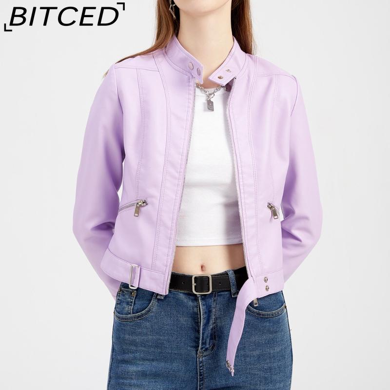 BITCED Lightweight Leather Jacket - Short-Sleeved Spring/Fall Stand-Up Collar Women's Leather Jacket