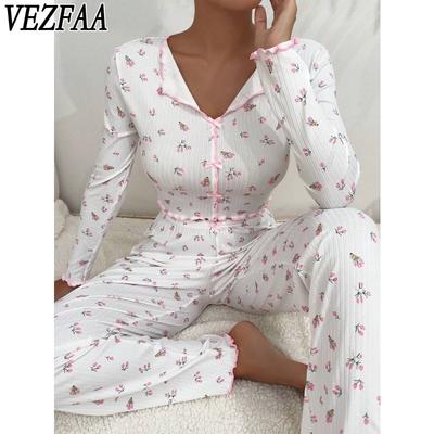 Women's Fashion Casual Spring Autumn Flower Pattern Print Long Sleeve POLO Neck Trousers Pants Suits