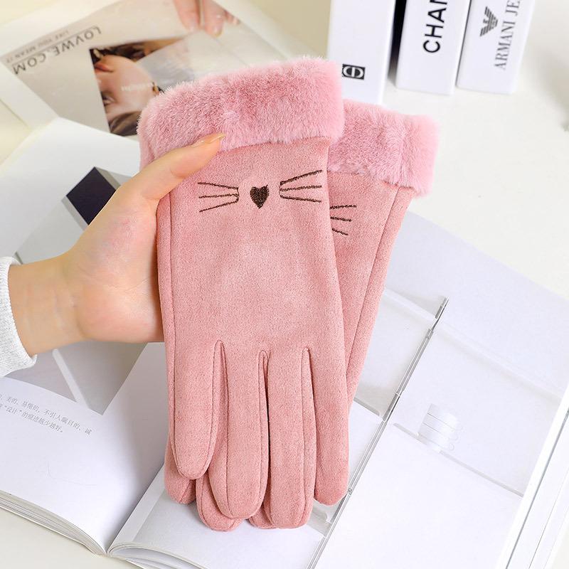 Outdoor Thermal Gloves Women's Winter Cute Cold Wind Piled Thickened Cycling Gloves Driving Full Finger