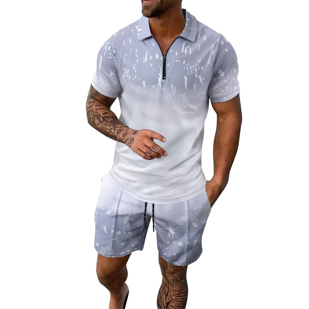 Men's Spring Printed Zipper Lapel Short Sleeve Top Shorts Suit Men's Casual Sports Suit