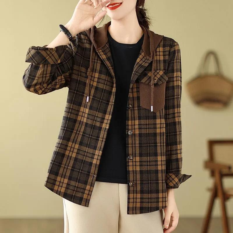 Women's  Spring and Autumn   Fashion Plaid Hooded    Shirt Women Casual  Cardigan Loose Coat