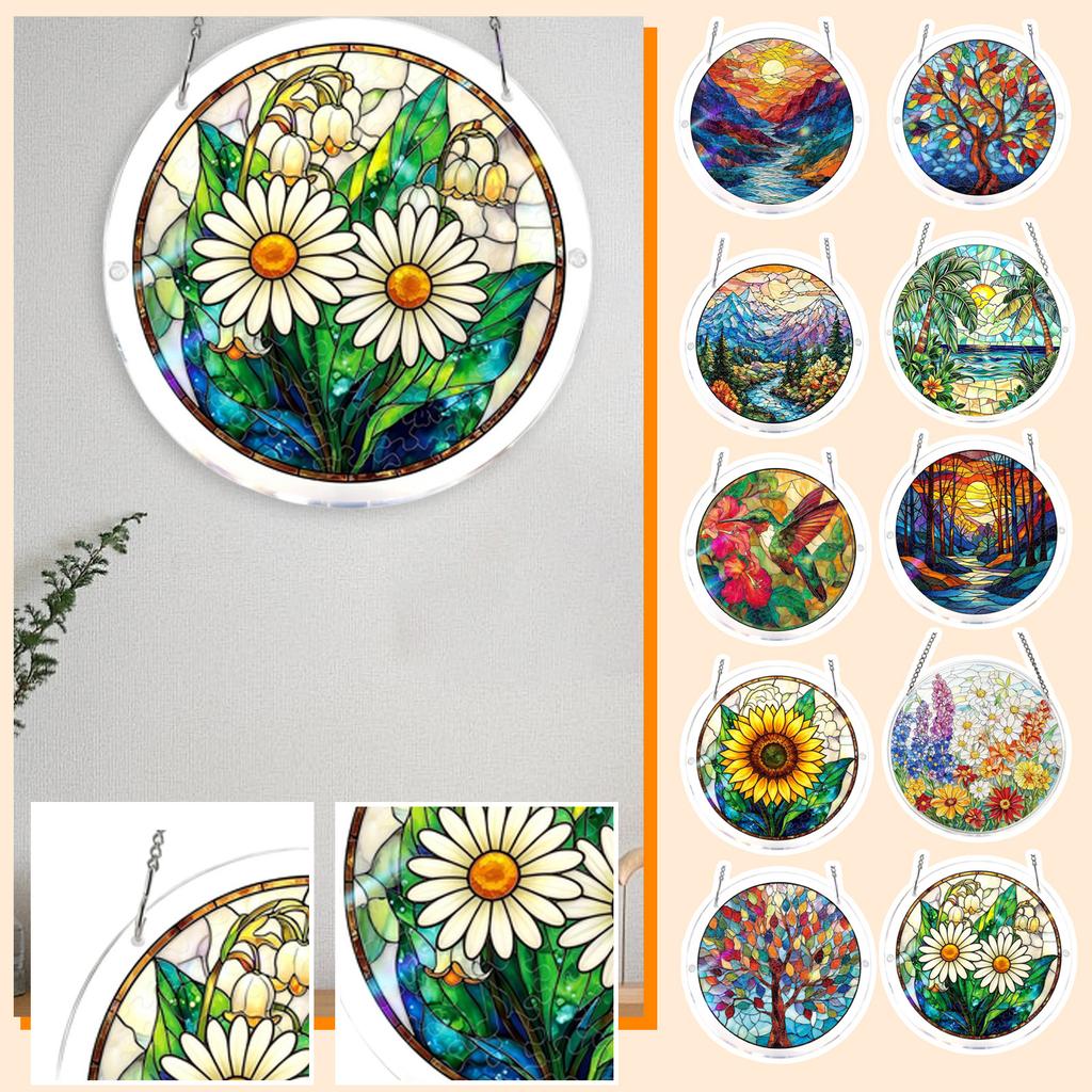 Rond Gebrandschilderd Glas Raam Hangend Paneel 15cm Diameter Boomontwerp Decoratieve Suncatcher met Metalen Ketting voor Binnenraamdecoratie