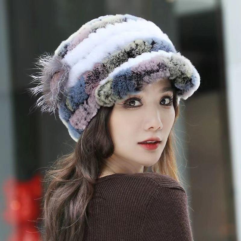 Rex Rabbit Fur Hat Genuine Fur Ear Protection Thick Warm Fashionable Fox Fur Flower Duckbill Cap New All-match Autumn and Winter Women's Hat