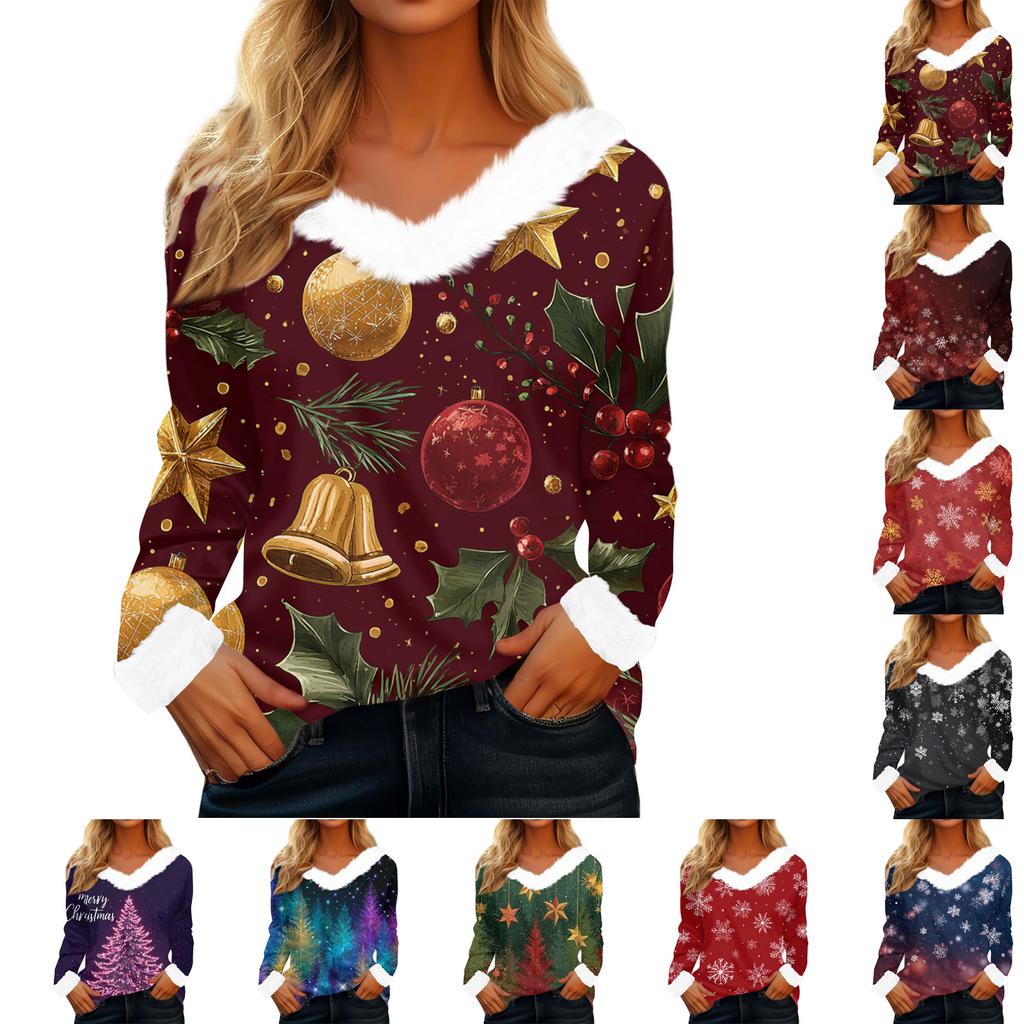 Top casual alla moda da donna a maniche lunghe con stampa natalizia e colletto in flanella