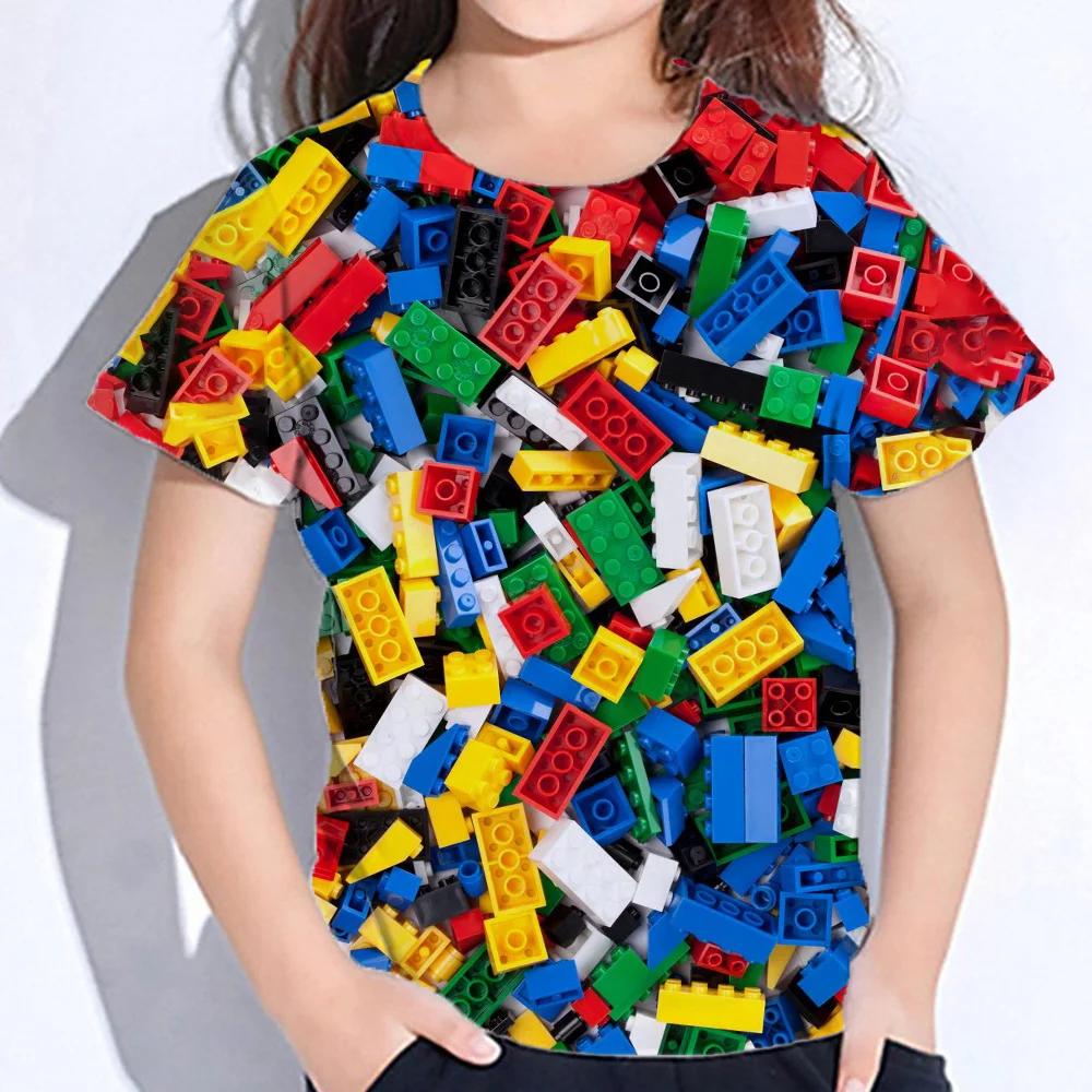 3D Colourful Bricks Short Sleeve Tshirts Summer Children's Boy's Clothing T-Shirt For Girls Kids Clothes Fashion 2026 Tees Tops