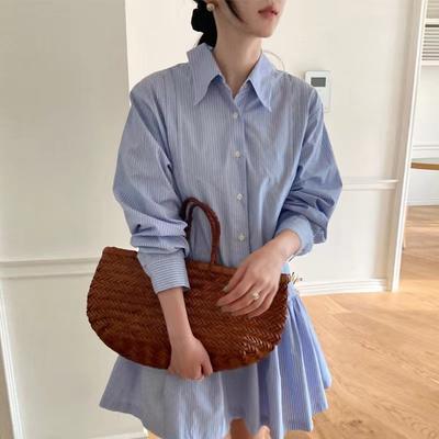 French Collar Striped Single Breasted Loose Long Sleeved Shirt Style Dress for Women