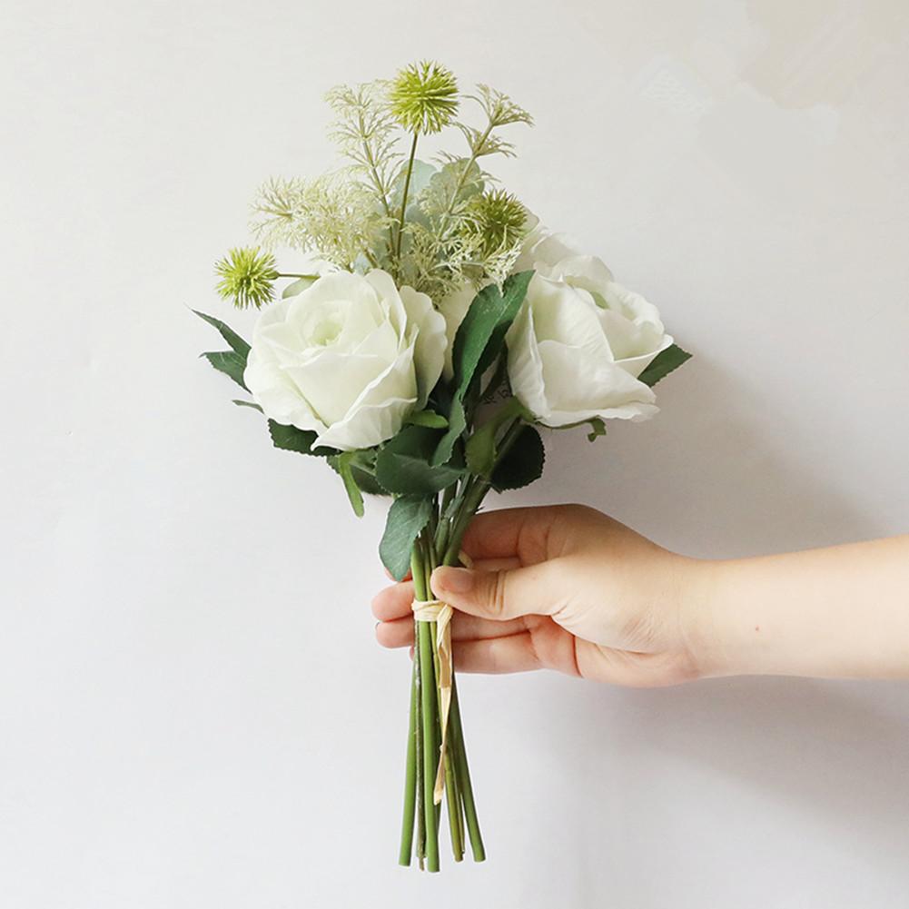 

1bunch Fabric Artificial Rose Flower Decorative Ornament For Wedding Home White and green