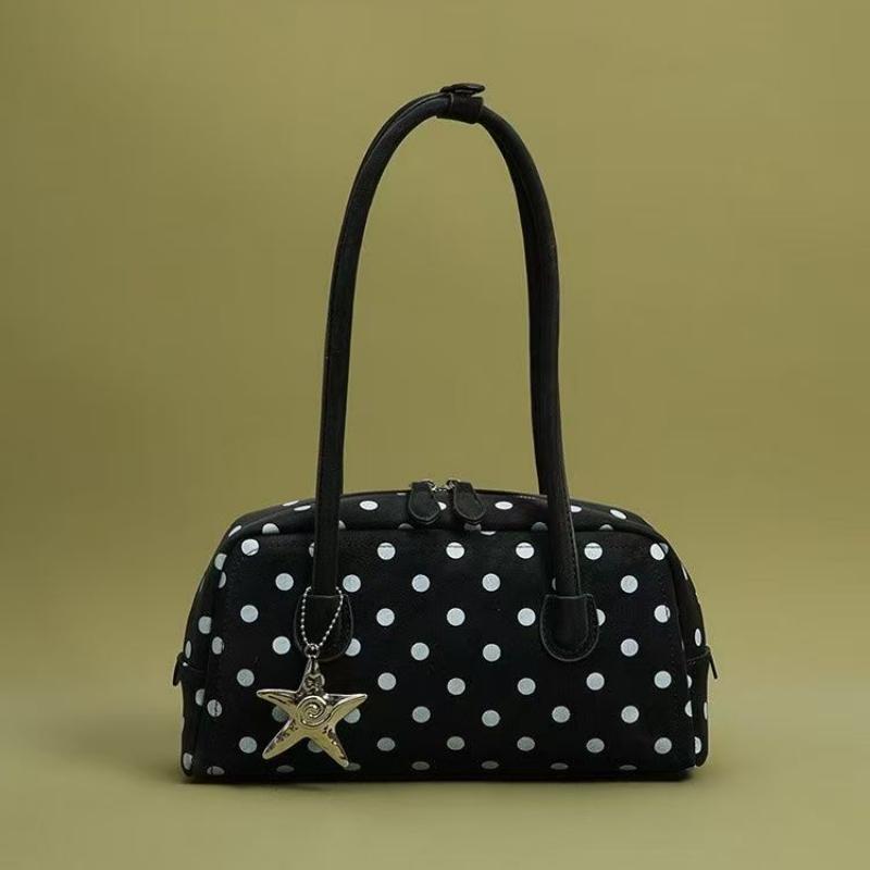 Korean Style Polka Dot Handbag Retro Bowling Bag Large Capacity Shoulder Bag Casual And Simple Underarm Bag With Star Charm