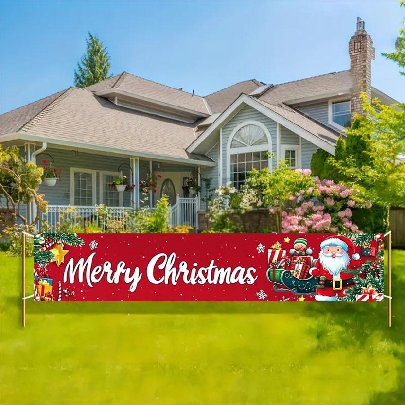 Festive Lawn Yard Merry Christmas Banner, Outdoor Holiday Welcome Porch Fence Decor