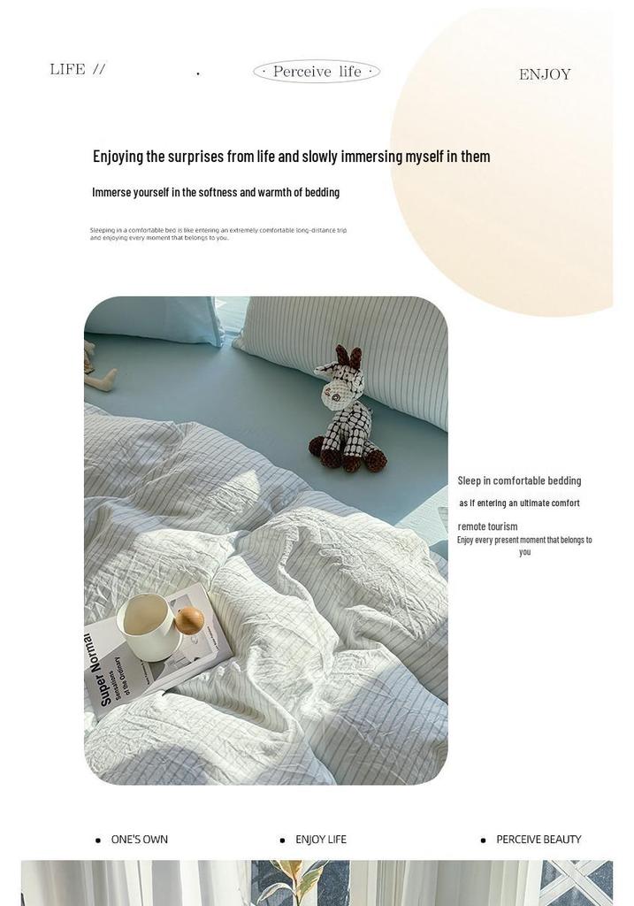 Muji-Style Striped Washed Cotton Bedding Set: Mix & Match Solid Color, Includes Duvet Cover, Bed Sheet, and Fitted Sheet. Ideal for Dorms.
