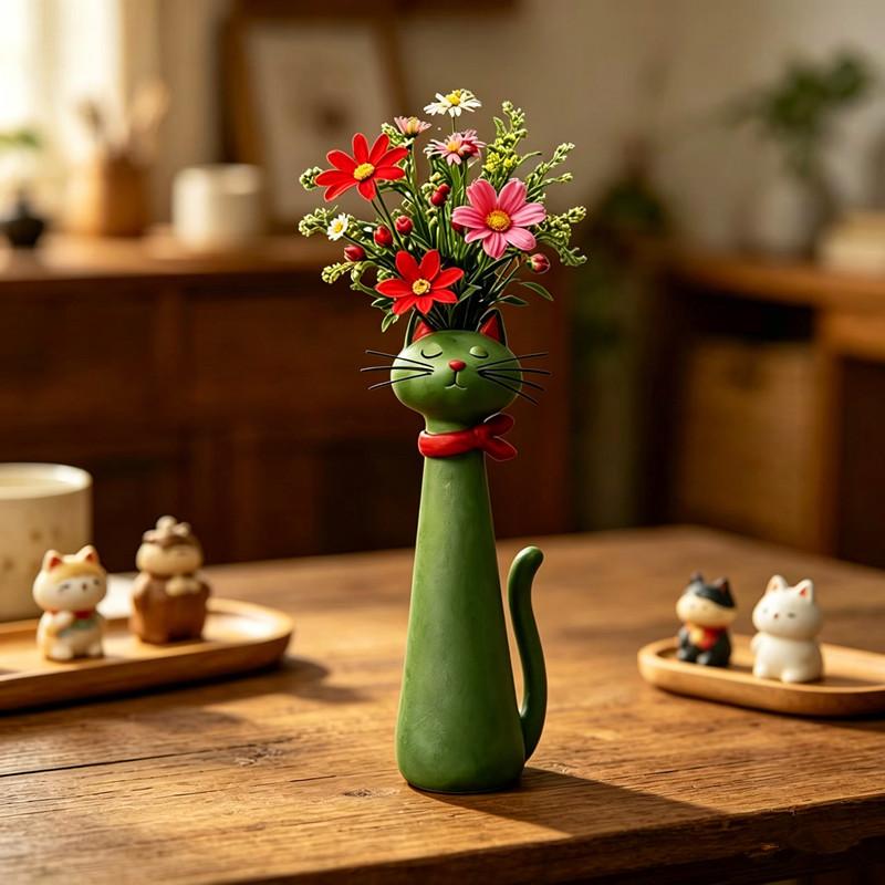 Cat Shaped Resin Vase Cute 1PC Long Neck Cat Animal Ornament Flower Pot Perfect for Living Room Shelf