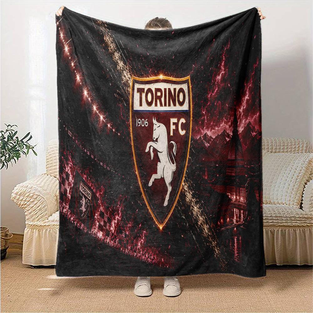 Football Torino Design Flannel Blanket, Soft Polyester, Modern Design, All-Season for Camping, Travel, Gifts for holidays or birthdays