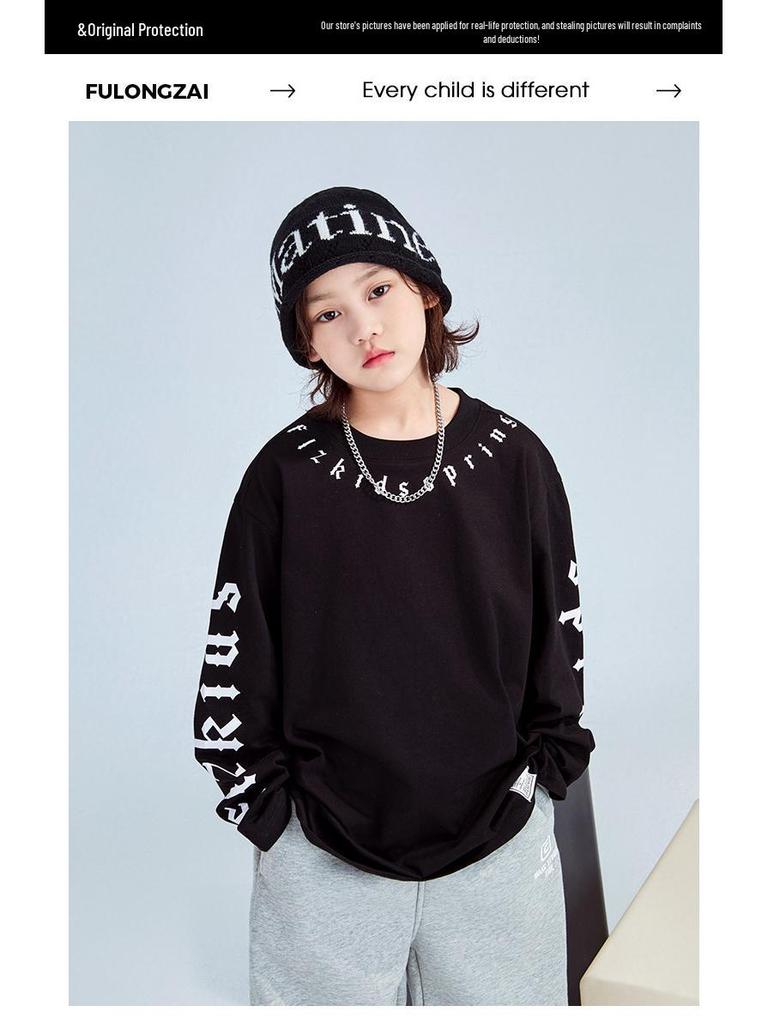 FULONGZAI 2025 Spring Korean Letter T-Shirt for Kids: Unisex, Medium to Large Sizes