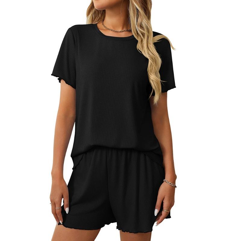 Women's New Summer Solid Colour Pit-striped Pyjamas Short-sleeved Homewear Set