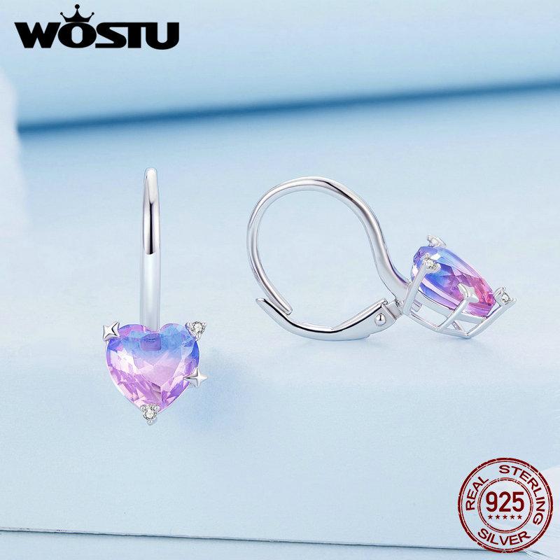 WOSTU 925 Sterling Silver Blue Purple Rainbow Heart Hoop Earrings for Women Sweet Romantic Drop Pendiente New Year Jewelry Gift
