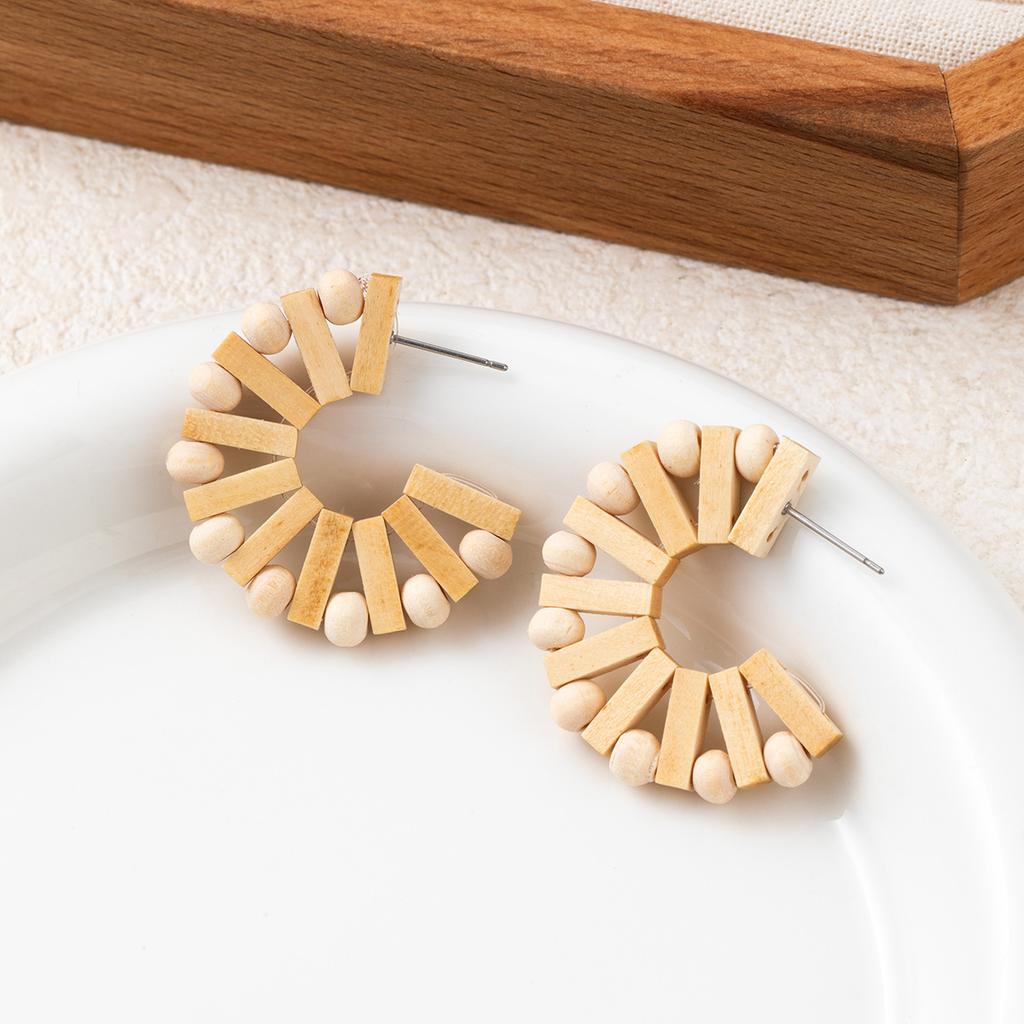 Wooden Minimalist Geometric C-Shaped Earrings Women Unique Design Fashion Statement Creative Fan Earrings