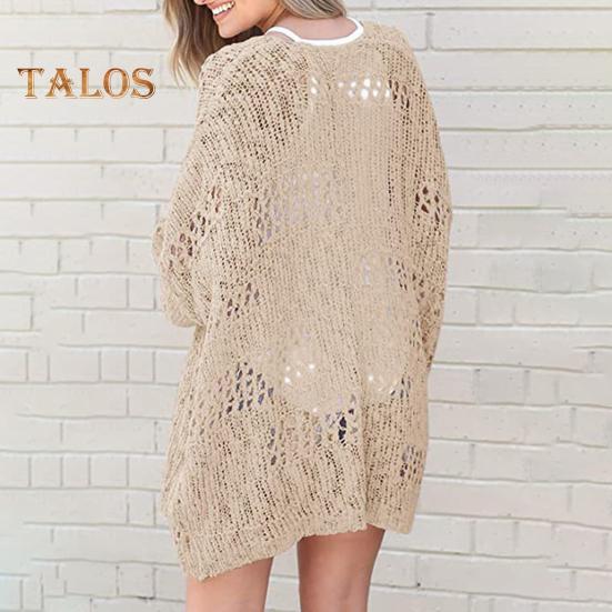 Women Knitted Coat Hollow Out Loose Long Sleeve Pure Color Knitwear Cardigan Mid Length Loose Elastic Spring Autumn Jacket