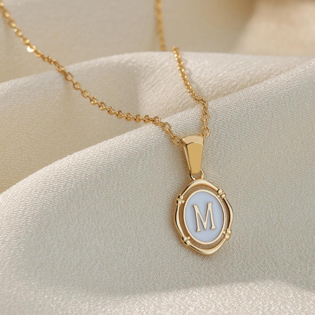 A-Z Letter Initial Enamel Necklace For Women Gold Color Stainless Steel Chain Pendant Letter Necklace Fashion Jewelry Gift