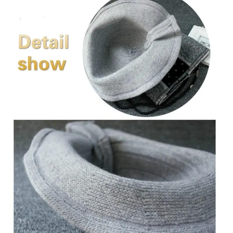 Vintage Wool Bucket Hats Women Fashion Bows Basin Fisherman Hat Winter Black Coffee Dark Camel Hat Ladies Head Accessories