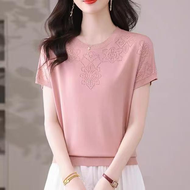 Rundhals Dünnes Lockeres Kurzarm-T-Shirt Damen Eisseide Strickpullover