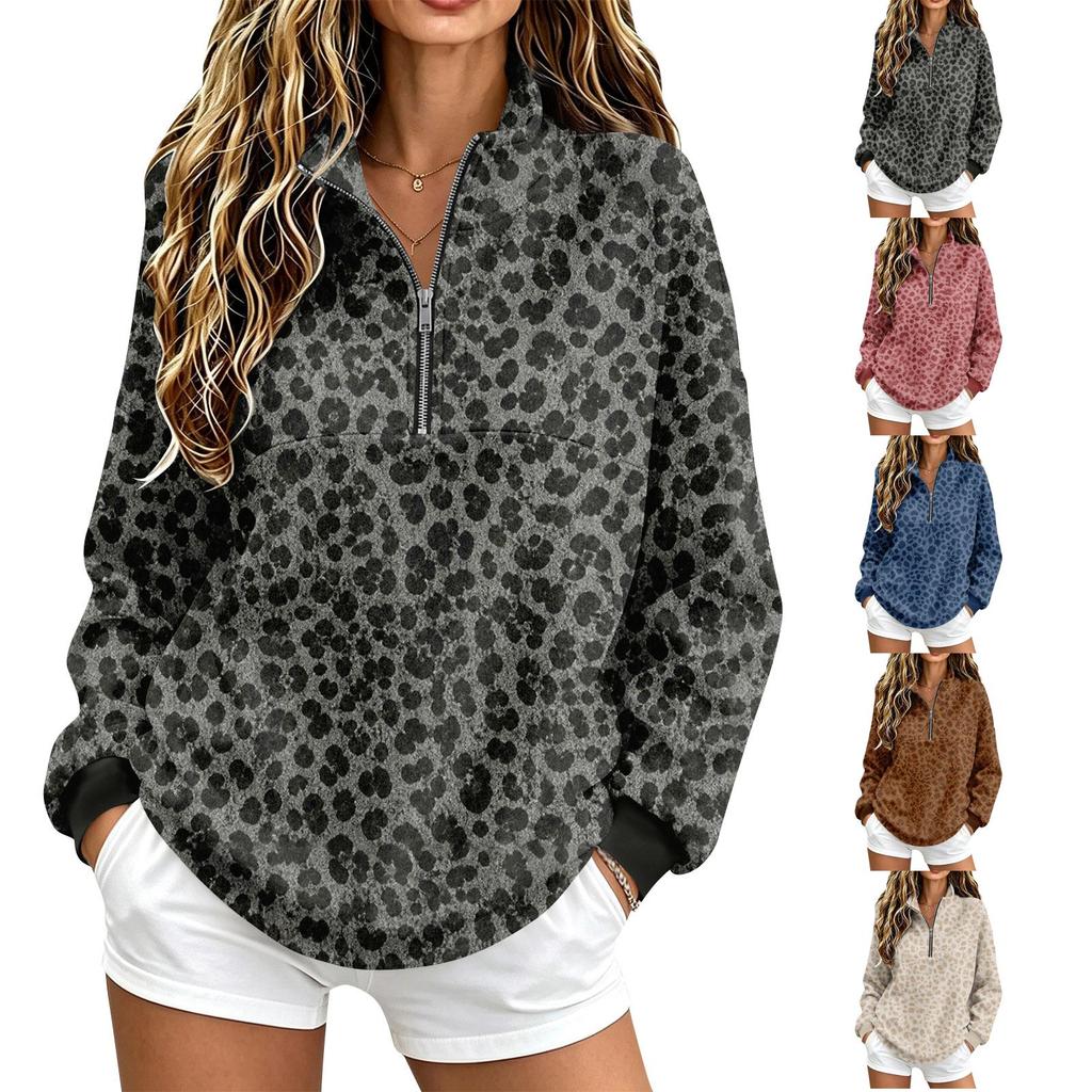 Women's Leopard Print Quarter-Zip Pullover Sweatshirt