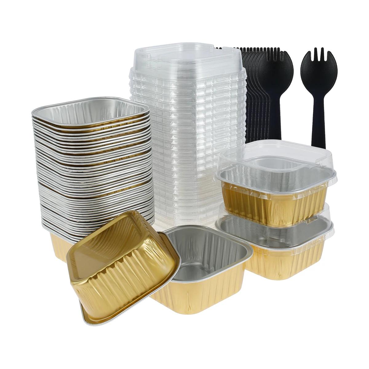 50Sets Aluminum Foil Cupcake Cups with Lids and Spoons Non-Stick Foil Baking Cups 150ml Square Ramekin Pudding Dessert Cups