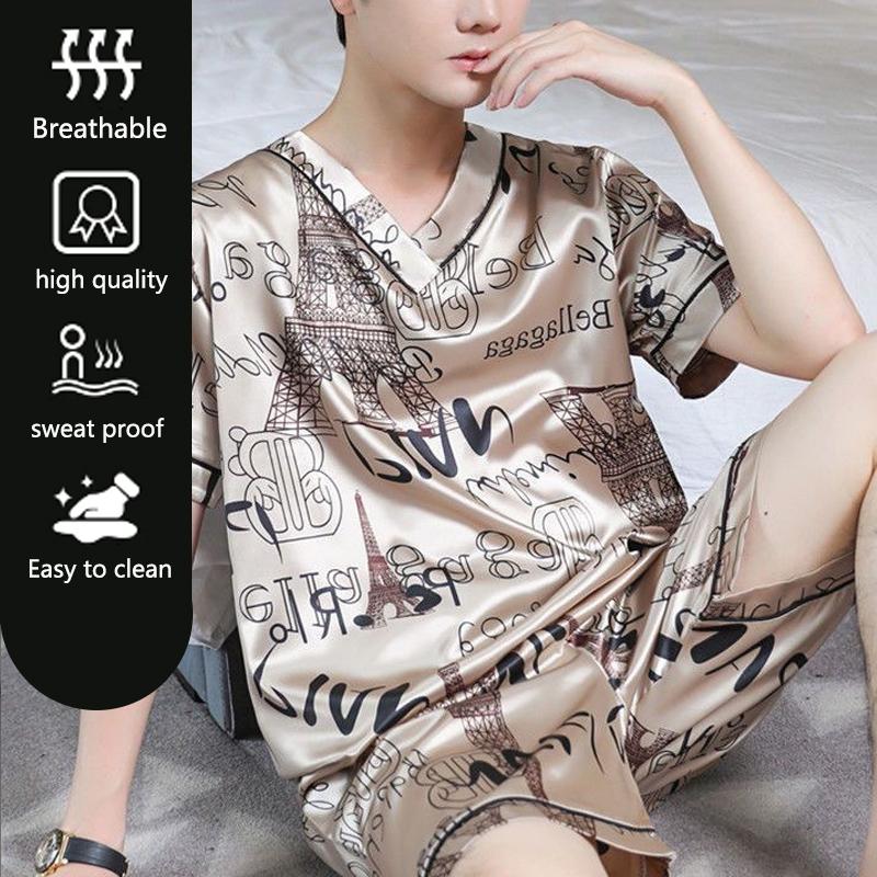 Large Size Men Homewear Ice Silk Short-Sleeved Shorts Student Pajamas Korean Version with Letters Loose Short-Sleeved Two-Pi