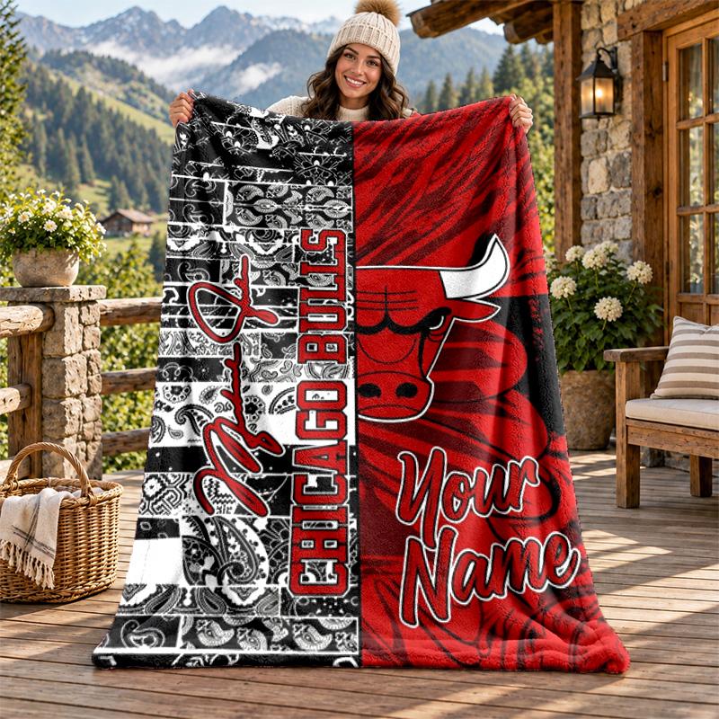Chicago Bulls Custom Name Flannel Blanket Personalized Soft Warm Plush Throw Blanket Customized Gift for Family Friends