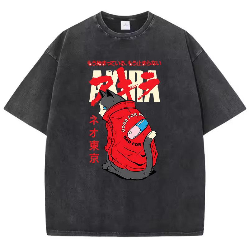 T Shirt Vintage Washed Cotton T-Shirt Japanese Anime Akira Tokyo Cat Graphic Tee Casual Streetwear Spring Summer