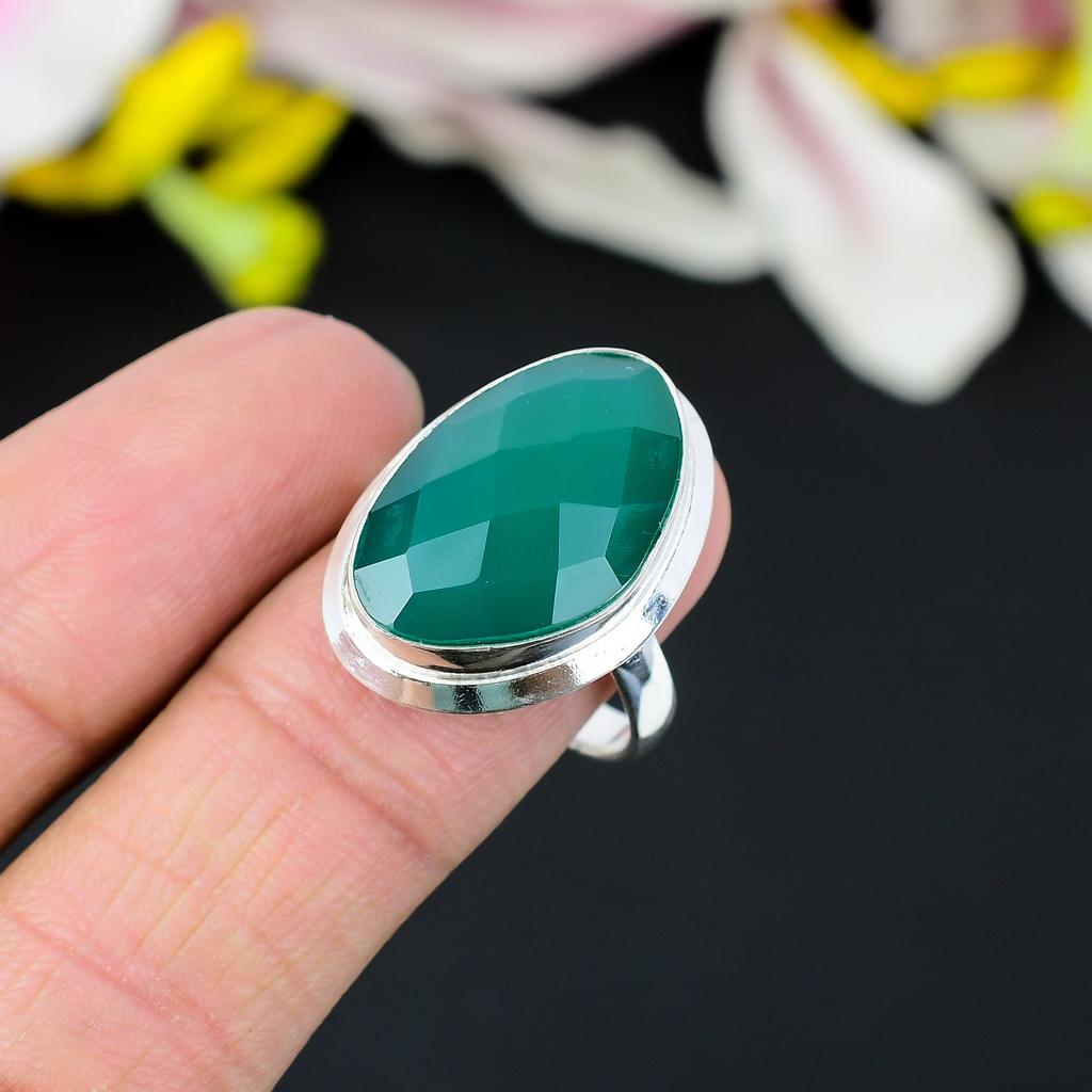 Green Jade Gemstone Handmade 925 Sterling Silver Jewelry Ring Size 8.5 KG-336