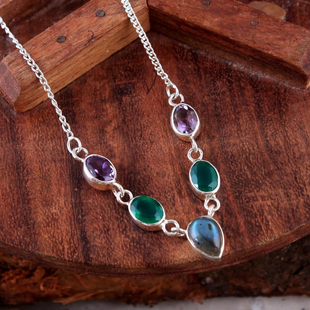 Labradorite Green Onyx Amethyst Silver Women Necklace 925 Sterling Silver Fine Jewelry