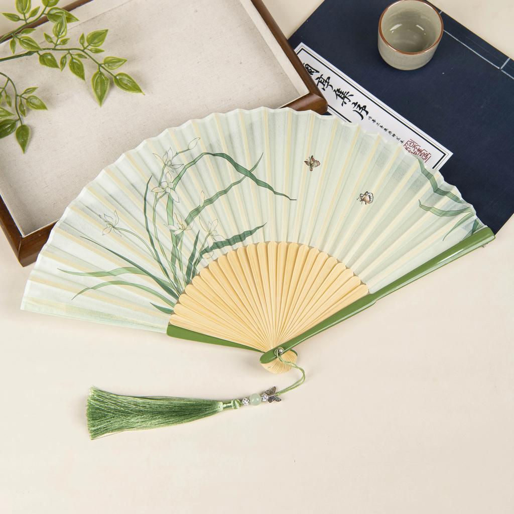 Ancient Style Folding Fan, Chinese Style Black Bamboo Fan, Golden Bamboo Women's Fan, Classical Qipao Accessory, Portable Folding Fan