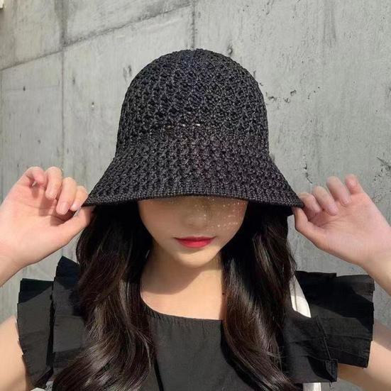 Women Fisherman Hat Hollowed-Out Design Sun Protection Hat Wide Brim Braided Basin Hat Summer Accessory