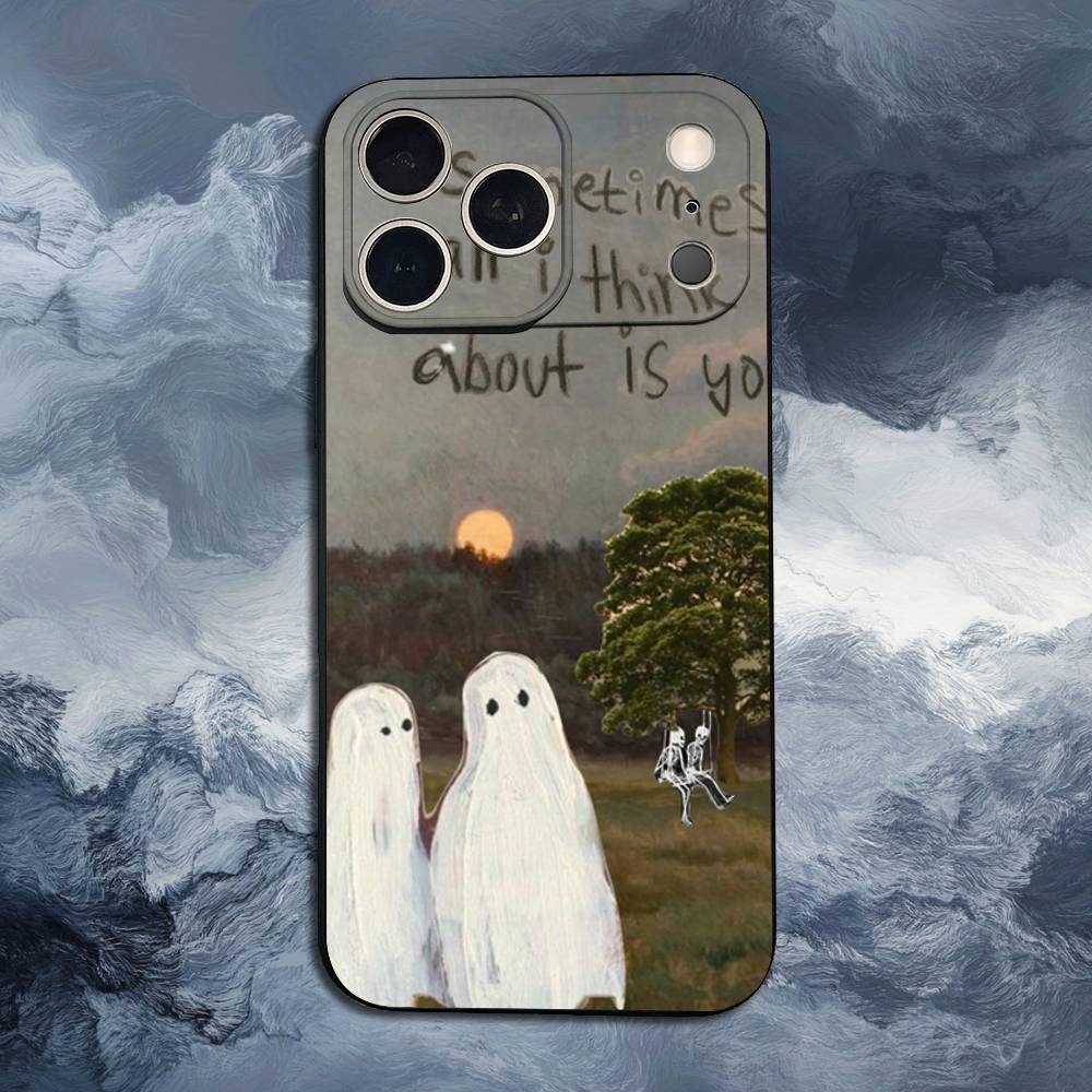 Lovely ghost Case For iPhone 12,14,15,16,17,13,11,X,Mini,Plus,Pro Max,8,7,XR,SE,XS,Soft Silicone Black