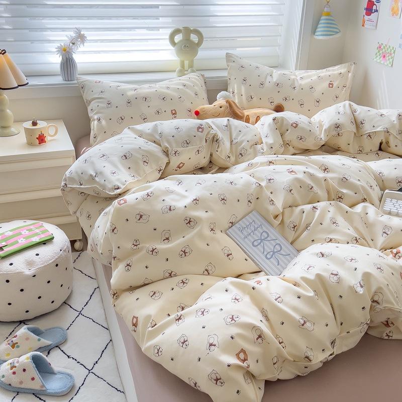 4Pcs Set Class A Maternal Infant Grade Small Fresh Grinding 4-Pcs Set Skin-Friendly Bed Sheet Washed Cotton Quilt Cover Dormitory 3-Piece Set