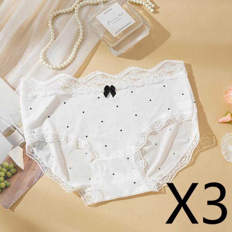 3 Pcs/Set French Lace Polka Dot Seamless Panties Women Sweet Bow Wavy Lace Edge Mid-Rise Underwear Thin Quick-Dry Briefs